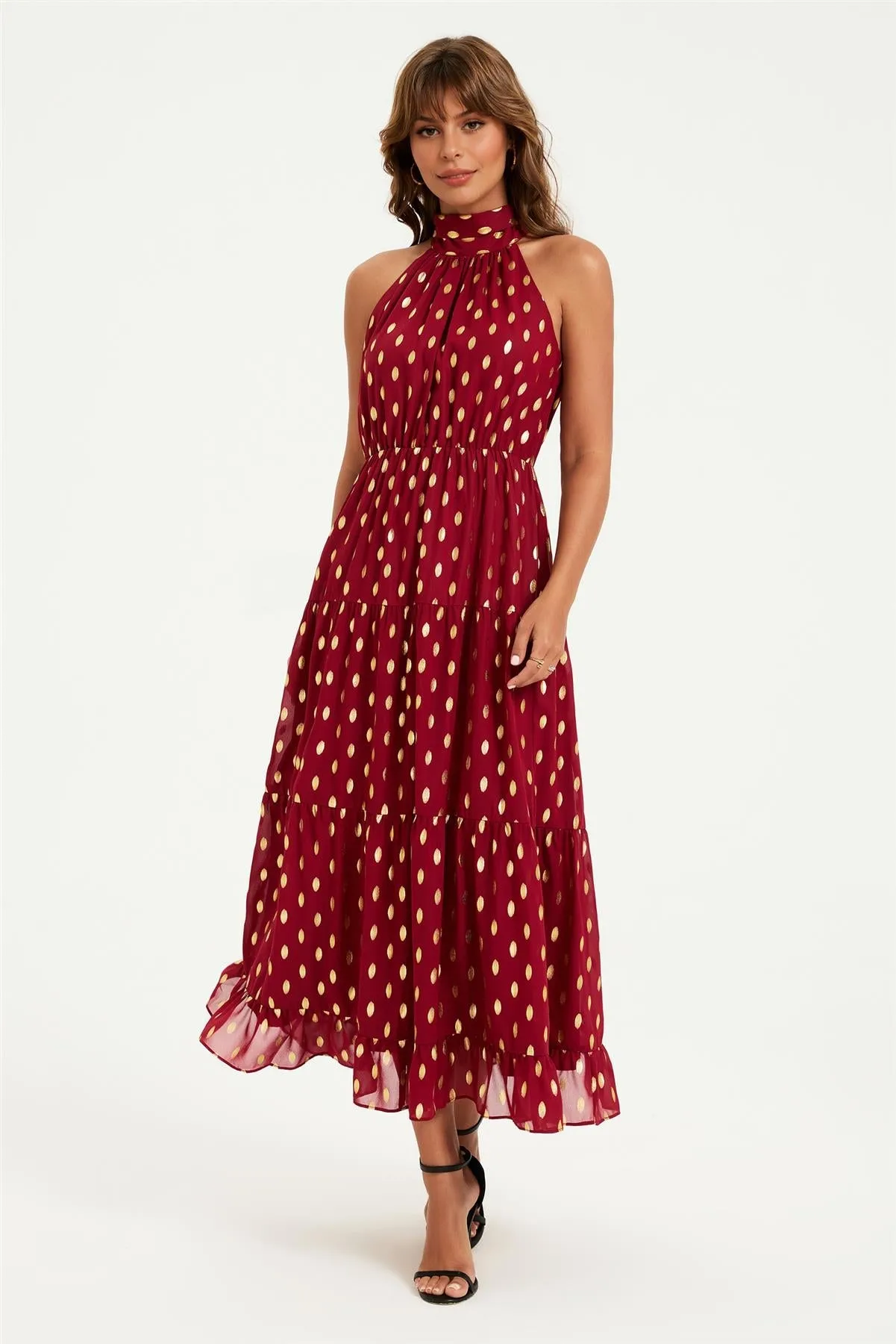Gold Foil Halter Neck Tie Back Midi Dress In Wine by FS Collection sold by Goddiva