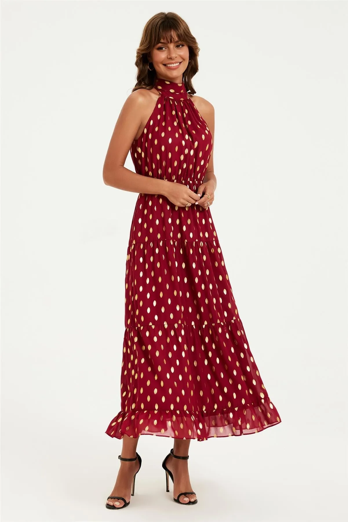 Gold Foil Halter Neck Tie Back Midi Dress In Wine by FS Collection sold by Goddiva product image thumbnail 5