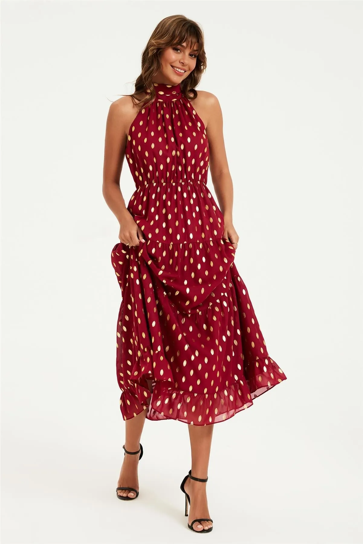 Gold Foil Halter Neck Tie Back Midi Dress In Wine by FS Collection sold by Goddiva product image thumbnail 2
