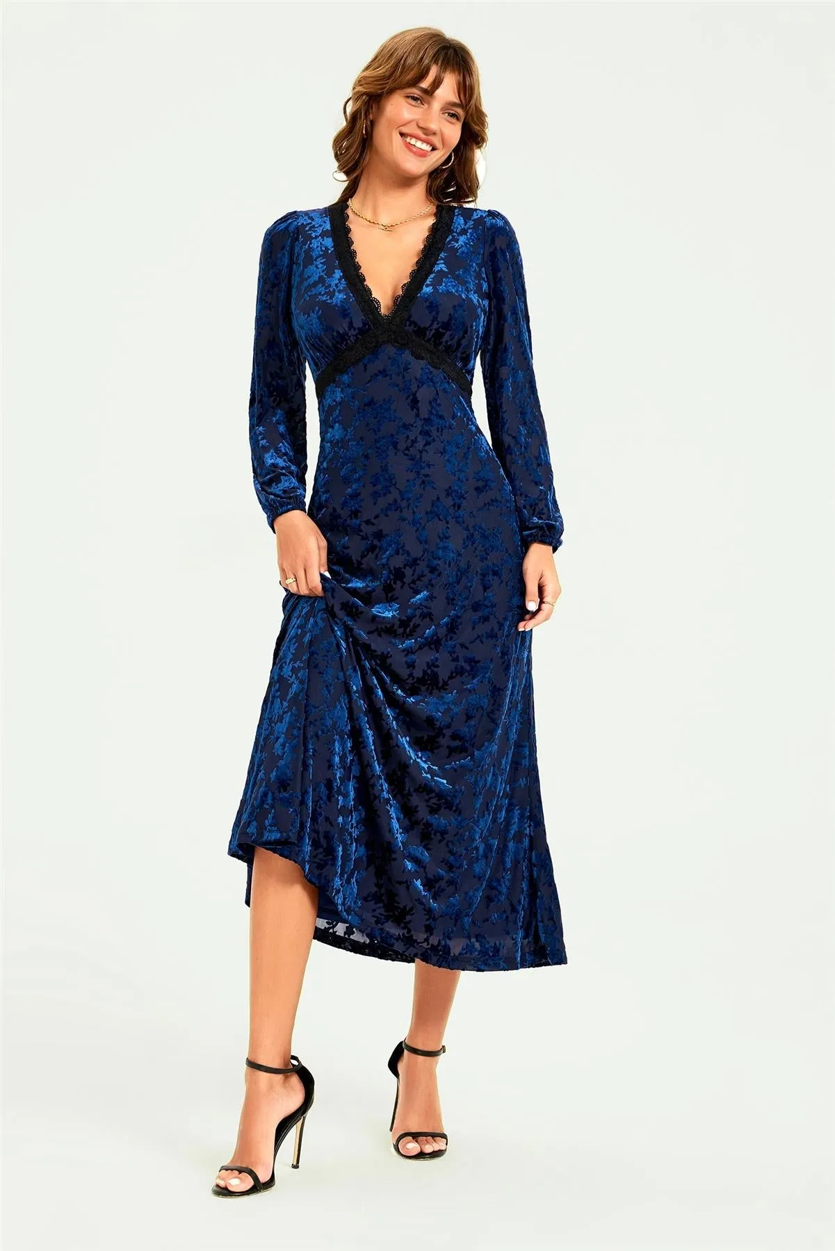Floral Velvet Devore Lace Trim Neckline Midi Dress In Navy by FS Collection sold by Goddiva product image thumbnail 5