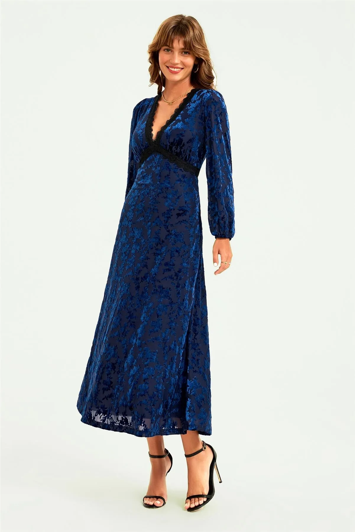 Floral Velvet Devore Lace Trim Neckline Midi Dress In Navy by FS Collection sold by Goddiva product image thumbnail 2