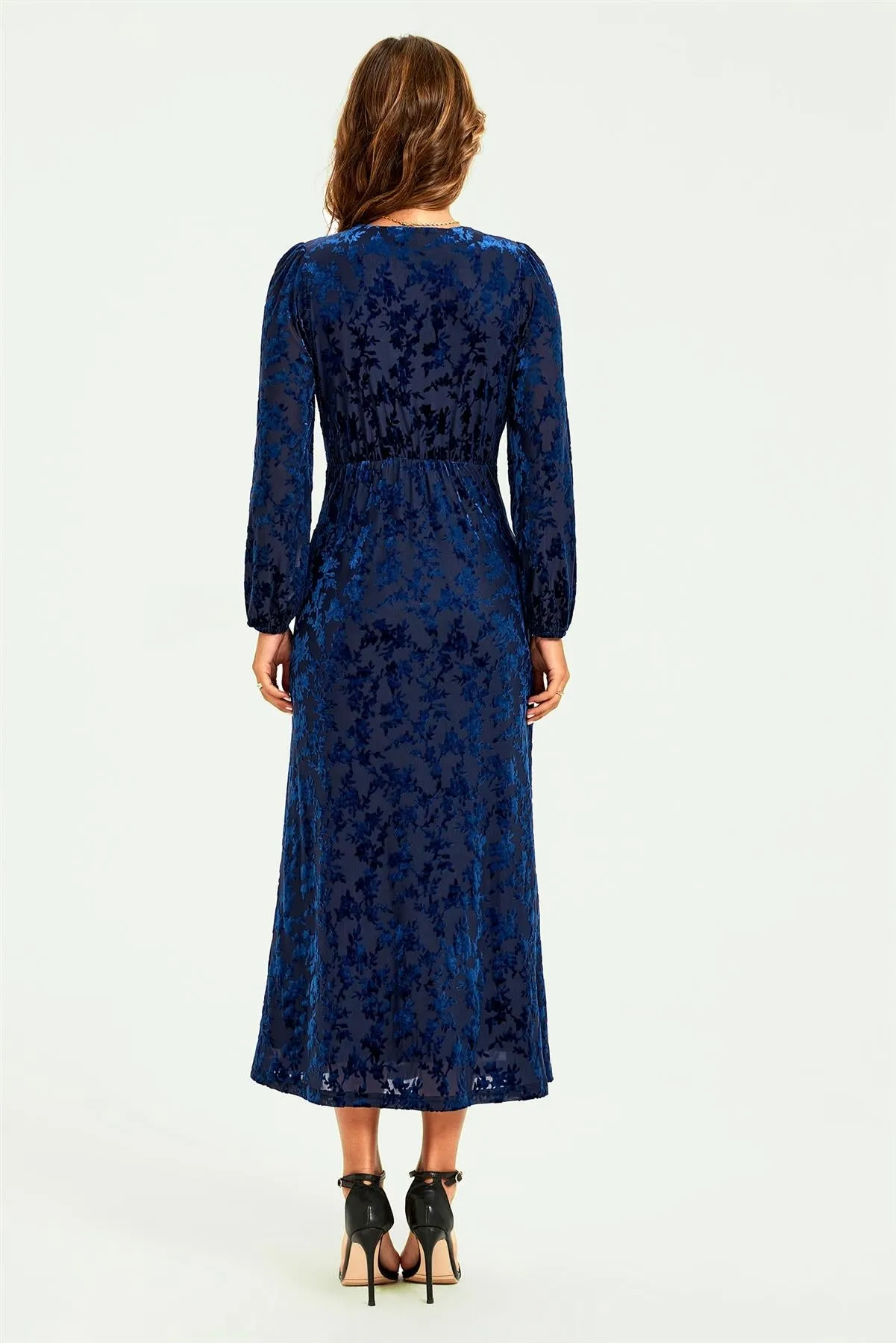 Floral Velvet Devore Lace Trim Neckline Midi Dress In Navy by FS Collection sold by Goddiva product image thumbnail 3