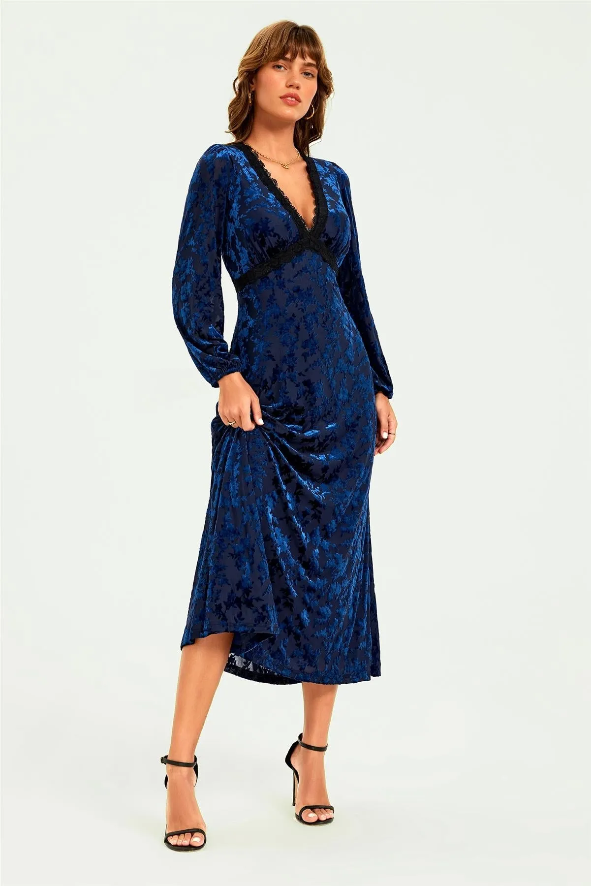 Floral Velvet Devore Lace Trim Neckline Midi Dress In Navy by FS Collection sold by Goddiva product image thumbnail 4