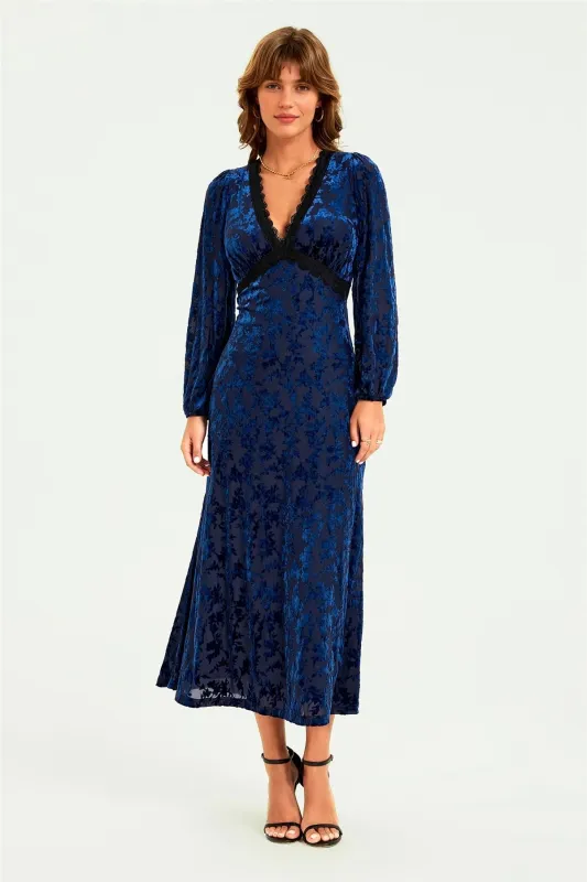 Floral Velvet Devore Lace Trim Neckline Midi Dress In Navy by FS Collection sold by Goddiva