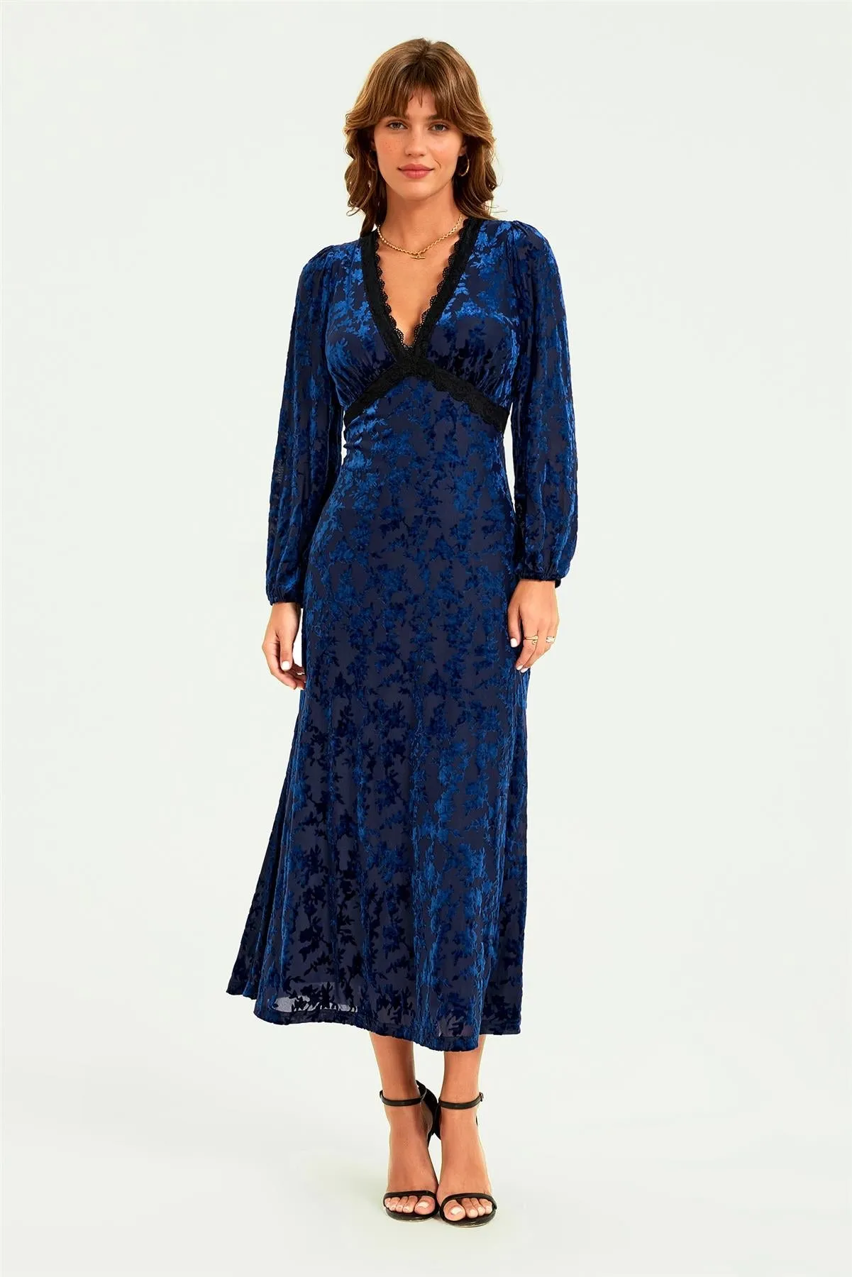 Floral Velvet Devore Lace Trim Neckline Midi Dress In Navy by FS Collection sold by Goddiva