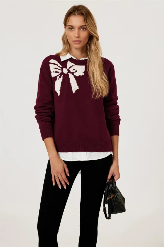Bowknot Pattern On Shoulder Knit Jumper Top In Wine by FS Collection sold by Goddiva