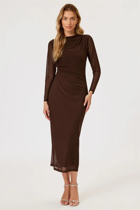 Long Sleeves Mesh Midi Dress In Brown by FS Collection sold by Goddiva