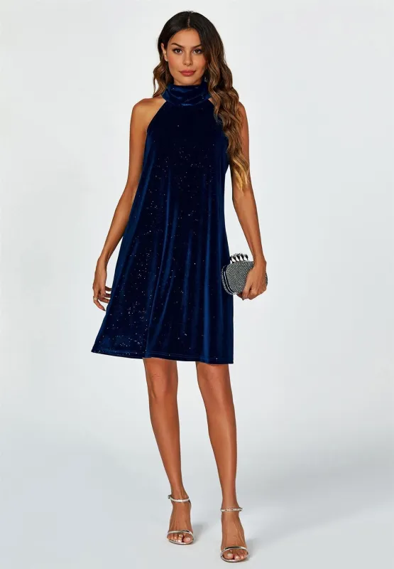 Silver Foil Velvet Halter Neck Tie Back Mini Dress In Navy by FS Collection sold by Goddiva