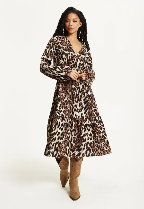 Leopard Print Long Sleeve Midi Dress by Liquorish sold by Goddiva