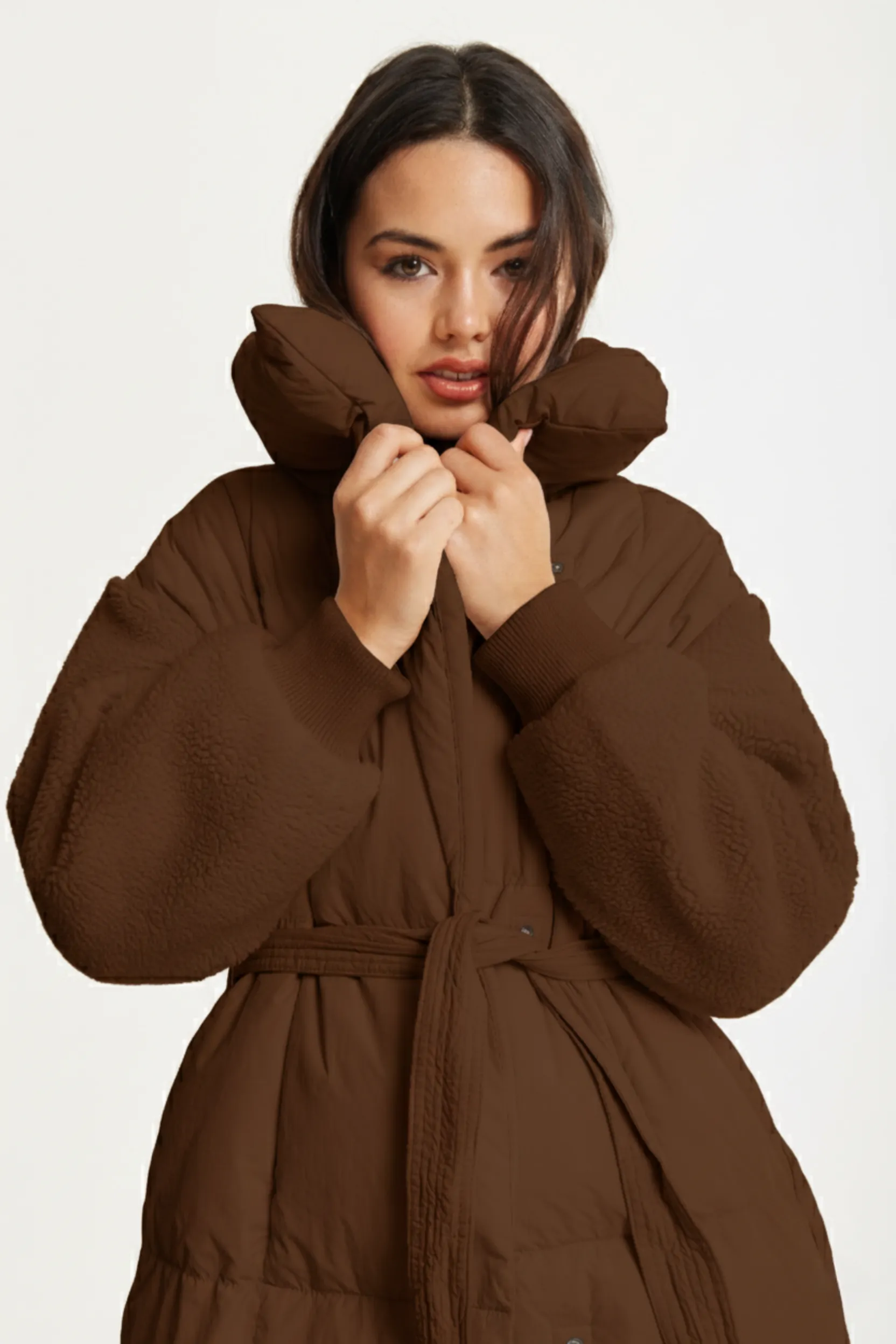 Brown Longline Belted Puffer Coat by Liquorish sold by Goddiva product image thumbnail 4