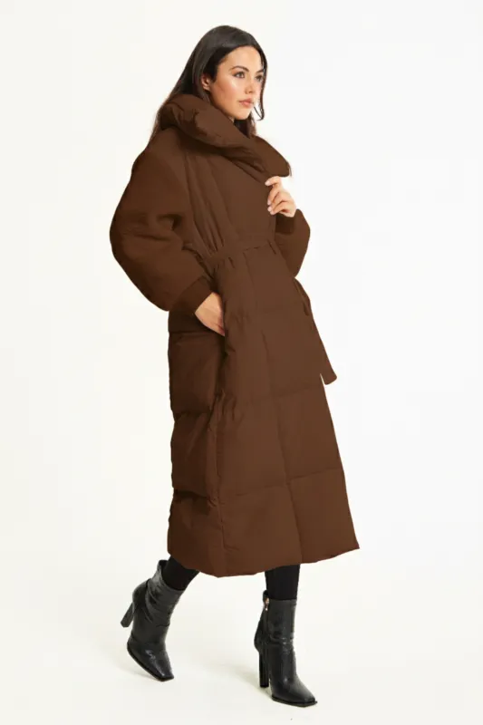 Brown Longline Belted Puffer Coat by Liquorish sold by Goddiva