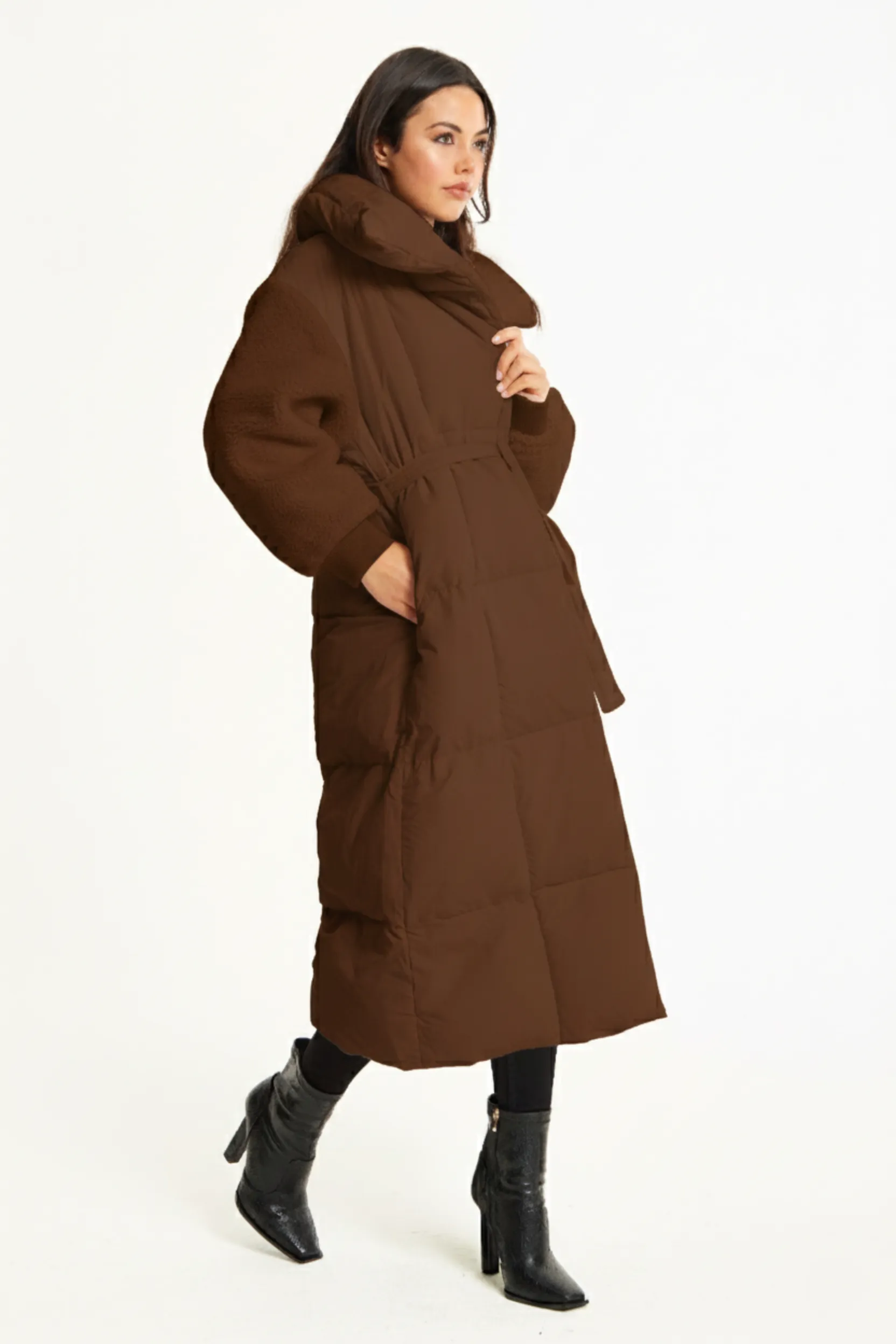Brown Longline Belted Puffer Coat by Liquorish sold by Goddiva