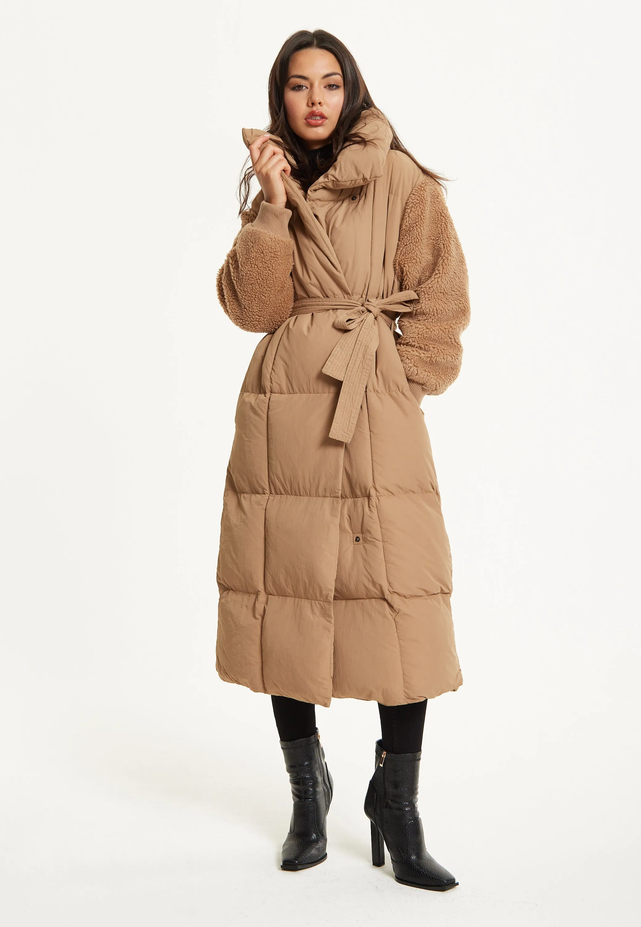 Camel Longline Belted Puffer Coat by Liquorish sold by Goddiva product image thumbnail 4