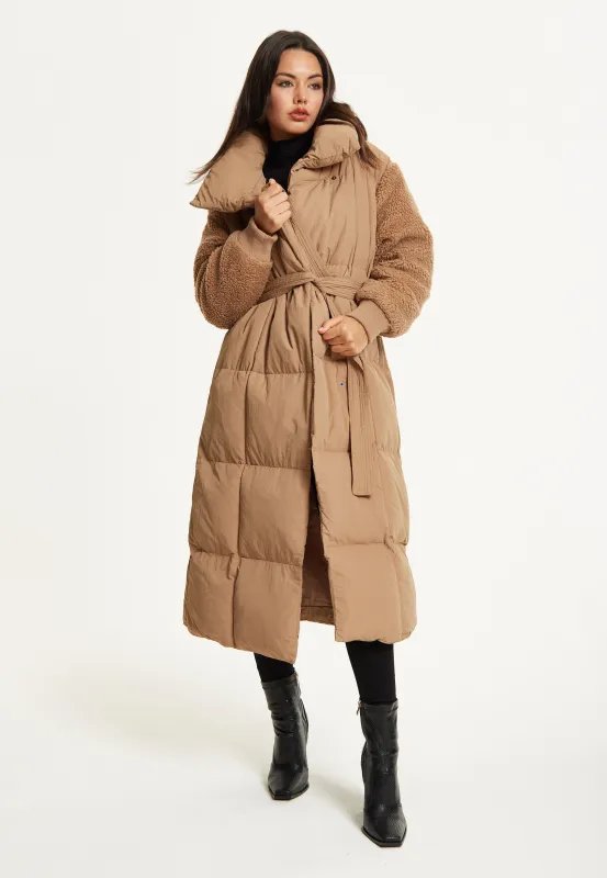 Camel Longline Belted Puffer Coat by Liquorish sold by Goddiva
