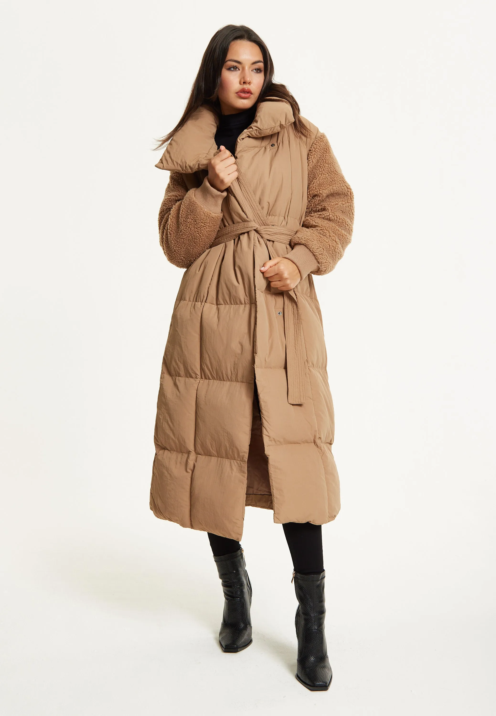 Camel Longline Belted Puffer Coat by Liquorish sold by Goddiva