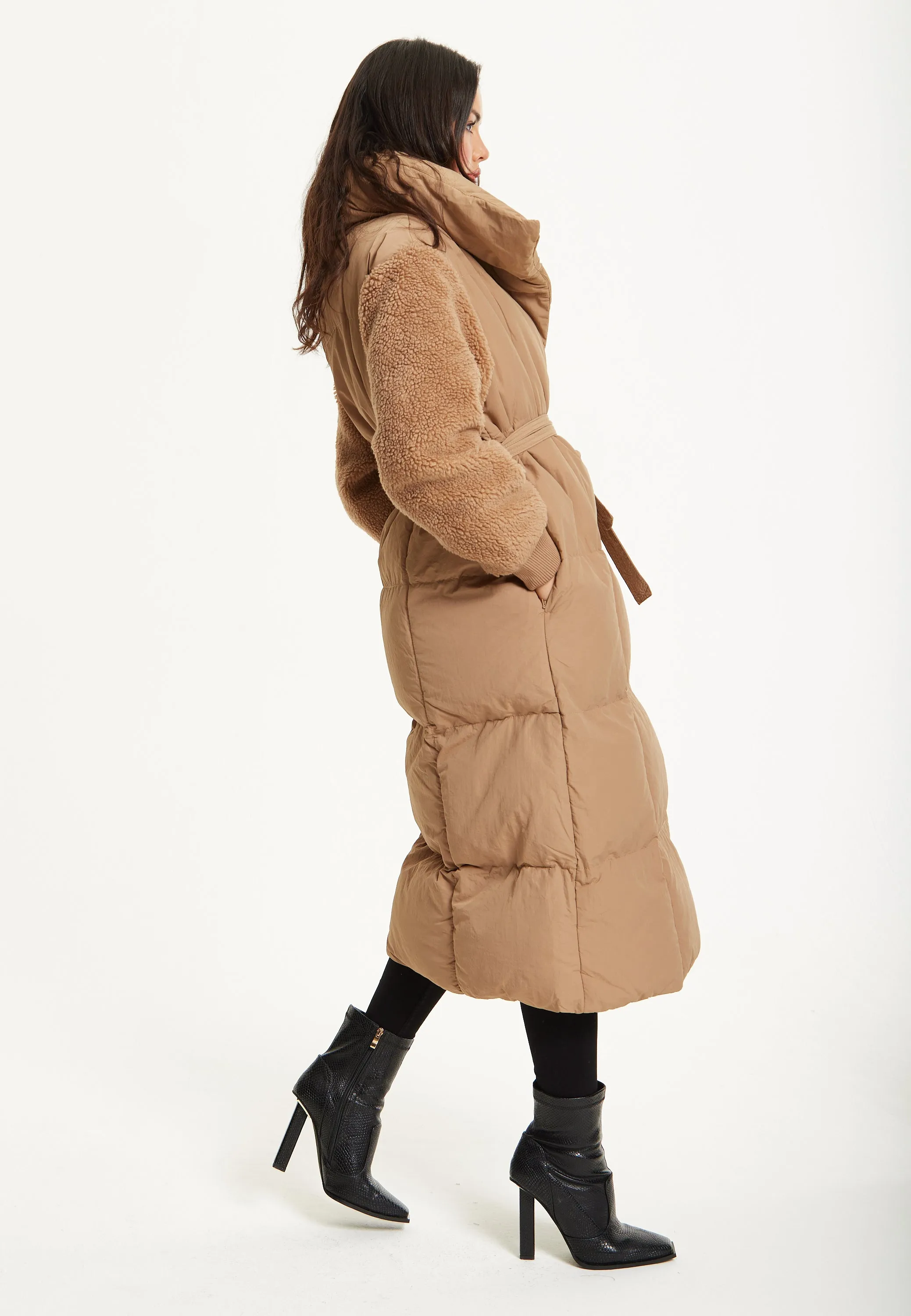 Camel Longline Belted Puffer Coat by Liquorish sold by Goddiva product image thumbnail 5