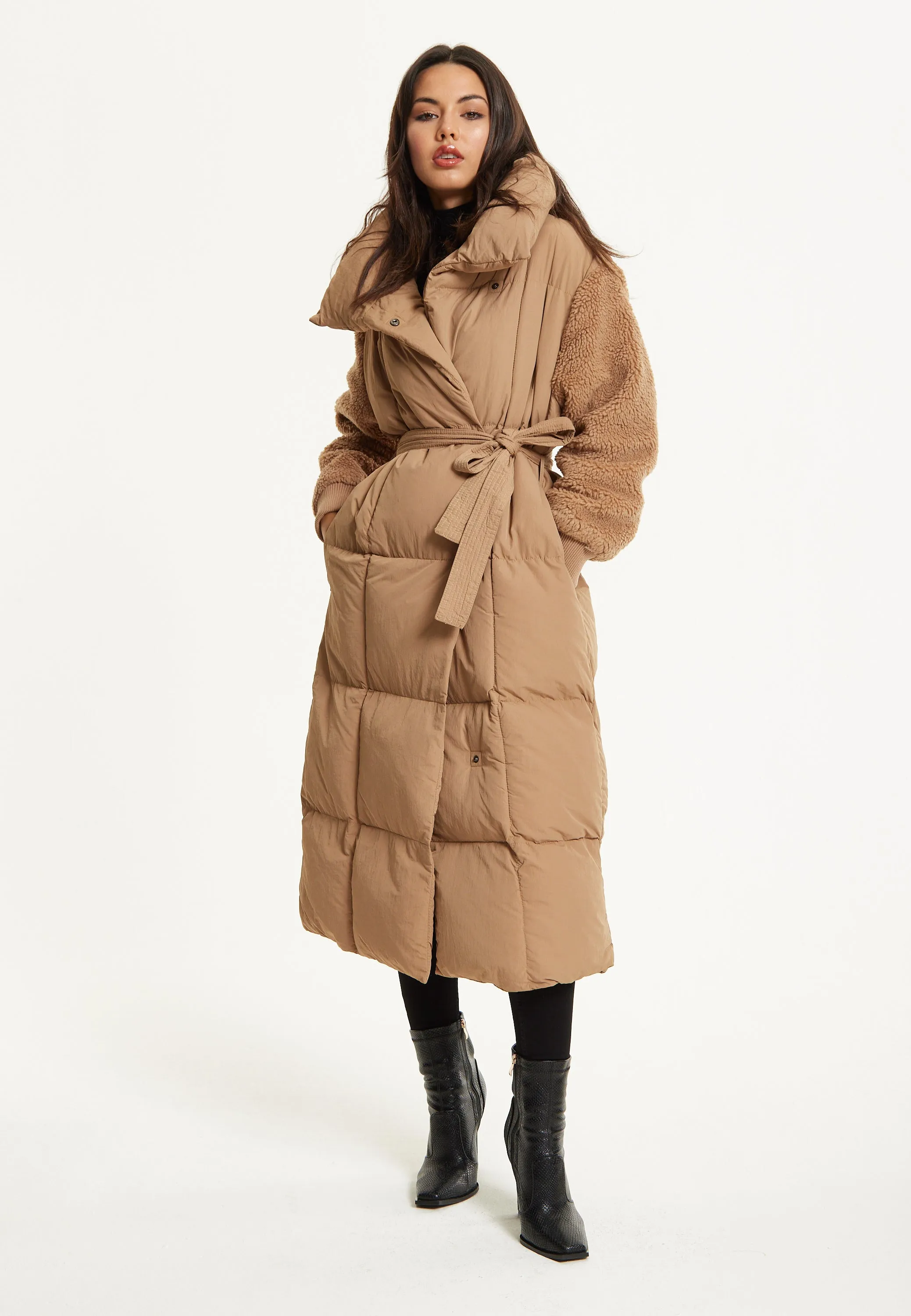 Camel Longline Belted Puffer Coat by Liquorish sold by Goddiva product image thumbnail 2