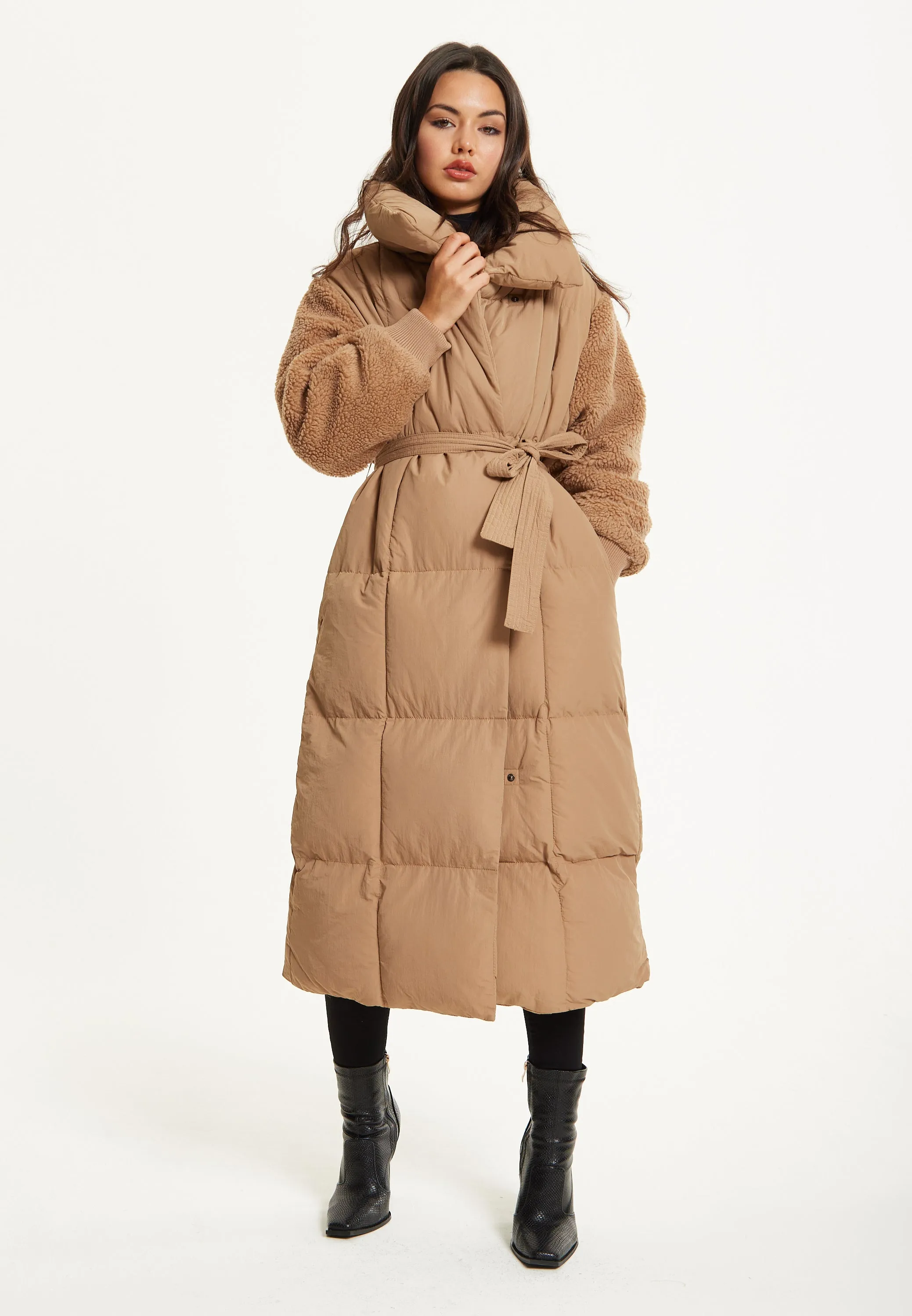 Camel Longline Belted Puffer Coat by Liquorish sold by Goddiva product image thumbnail 3