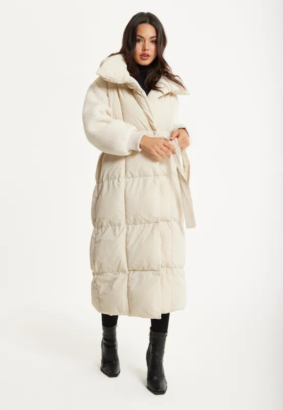 Cream Longline Belted Puffer Coat by Liquorish sold by Goddiva