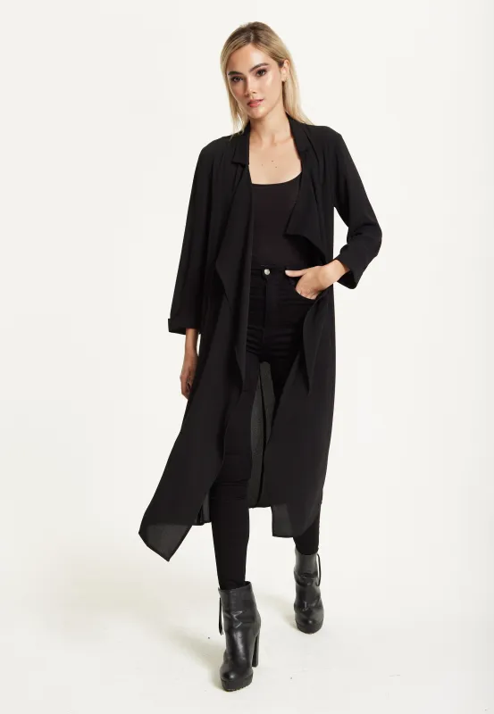 Black Waterfall Duster Coat by Liquorish sold by Goddiva