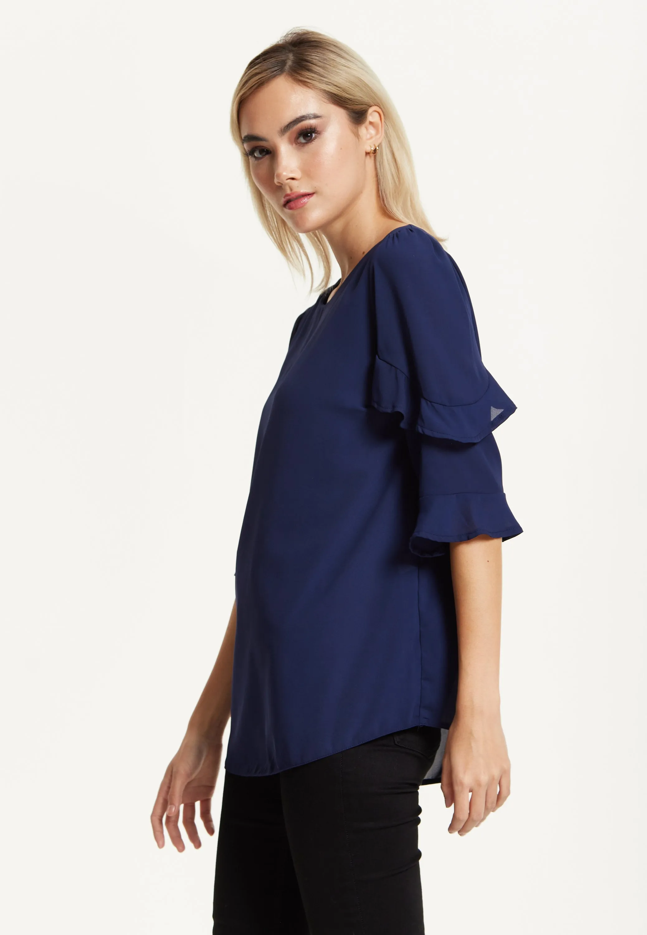 Navy Ruffle Sleeve Blouse by Liquorish sold by Goddiva product image thumbnail 3