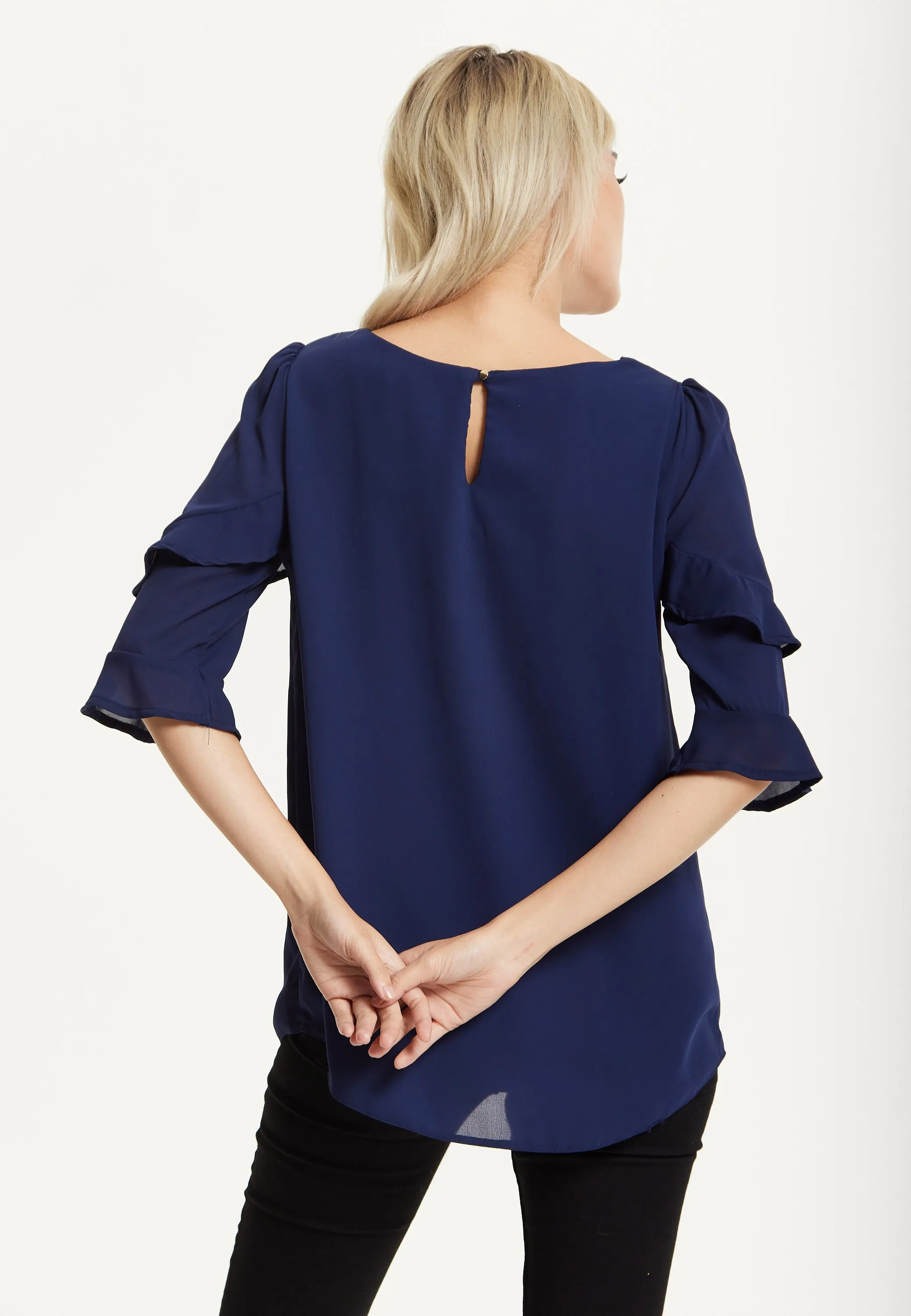 Navy Ruffle Sleeve Blouse by Liquorish sold by Goddiva product image thumbnail 4