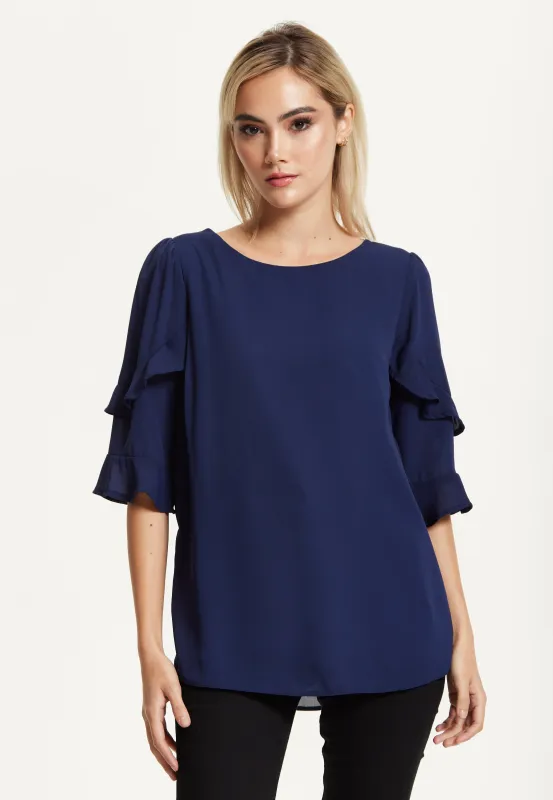 Navy Ruffle Sleeve Blouse by Liquorish sold by Goddiva
