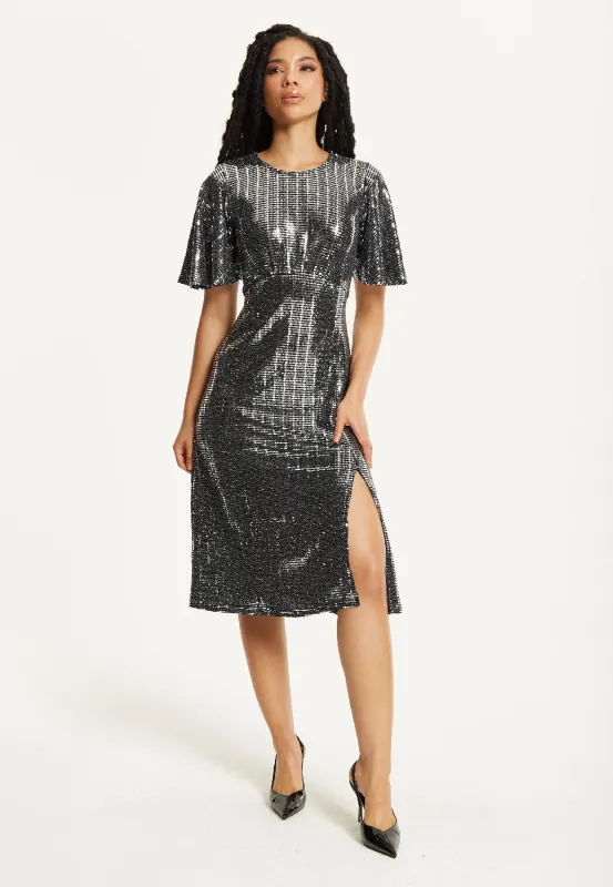 Silver Sequin Midi Party Dress by Liquorish sold by Goddiva