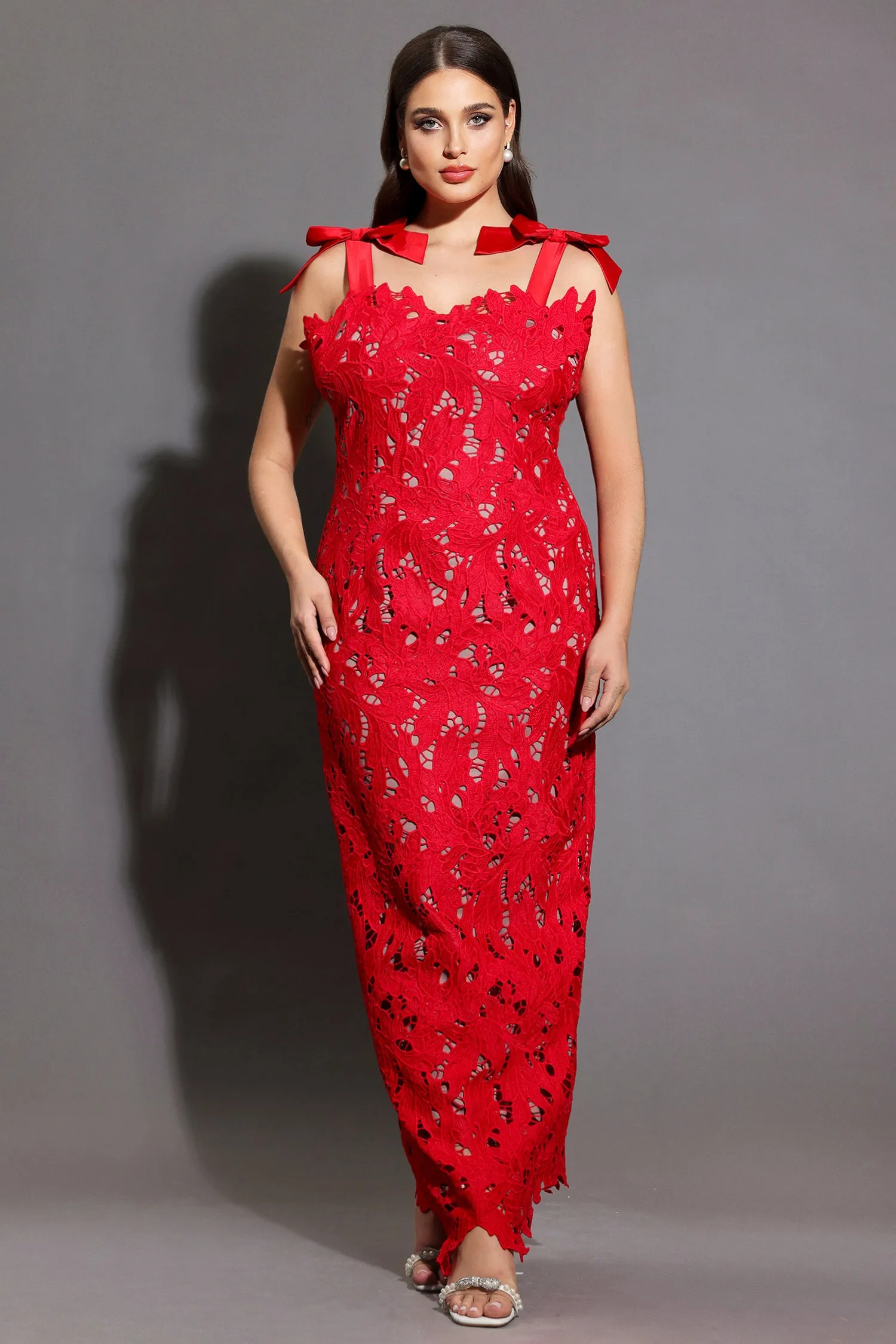 Teela Bows Lace Sleeveless Maxi Dress by Bella Barnett sold by Goddiva