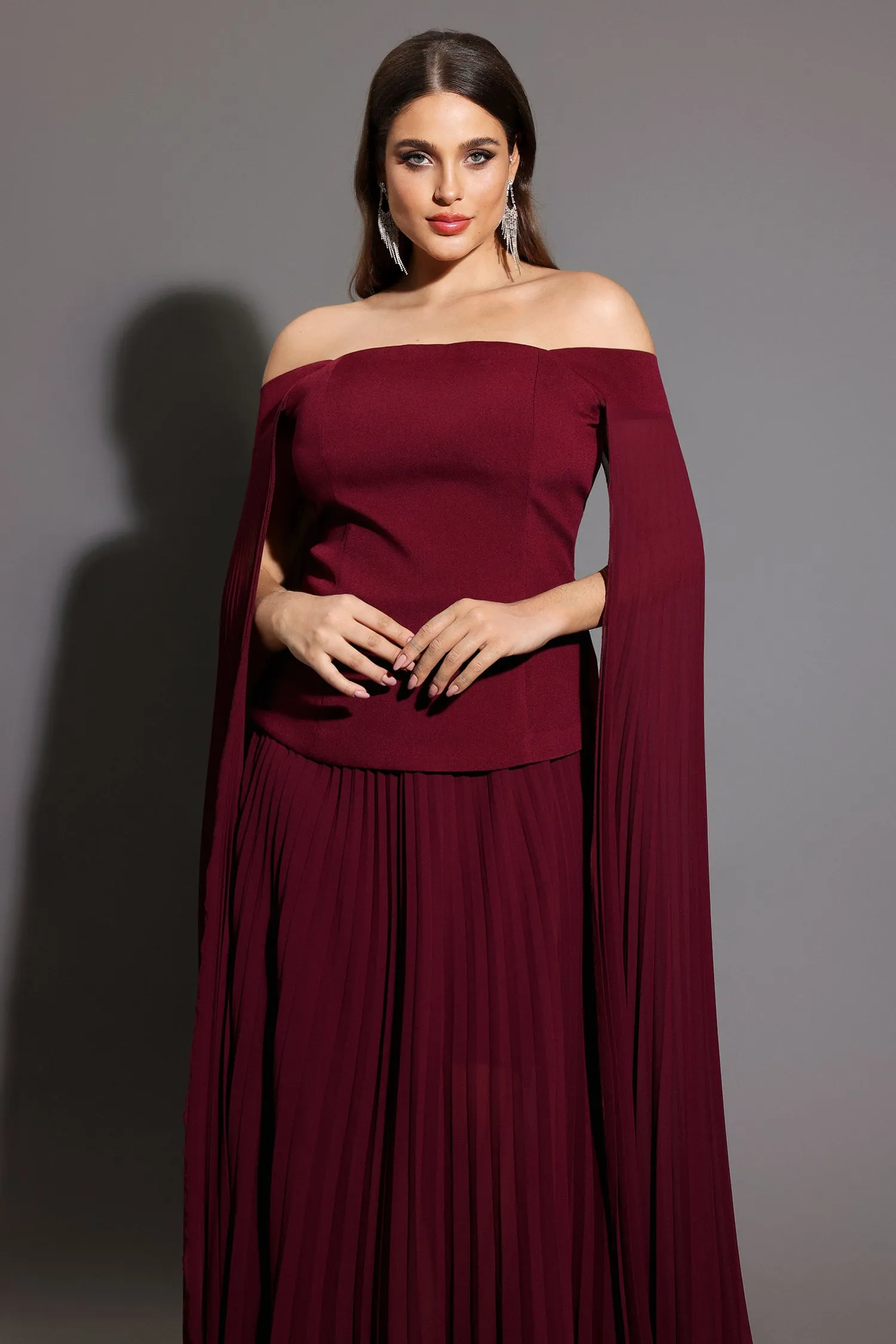 Solvia Off The Shoulder Long Sleeves Ruched Maxi Dress by Bella Barnett sold by Goddiva product image thumbnail 3