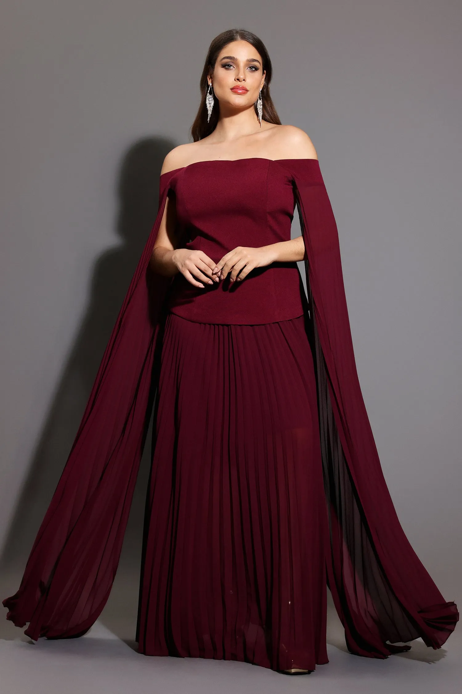 Solvia Off The Shoulder Long Sleeves Ruched Maxi Dress by Bella Barnett sold by Goddiva