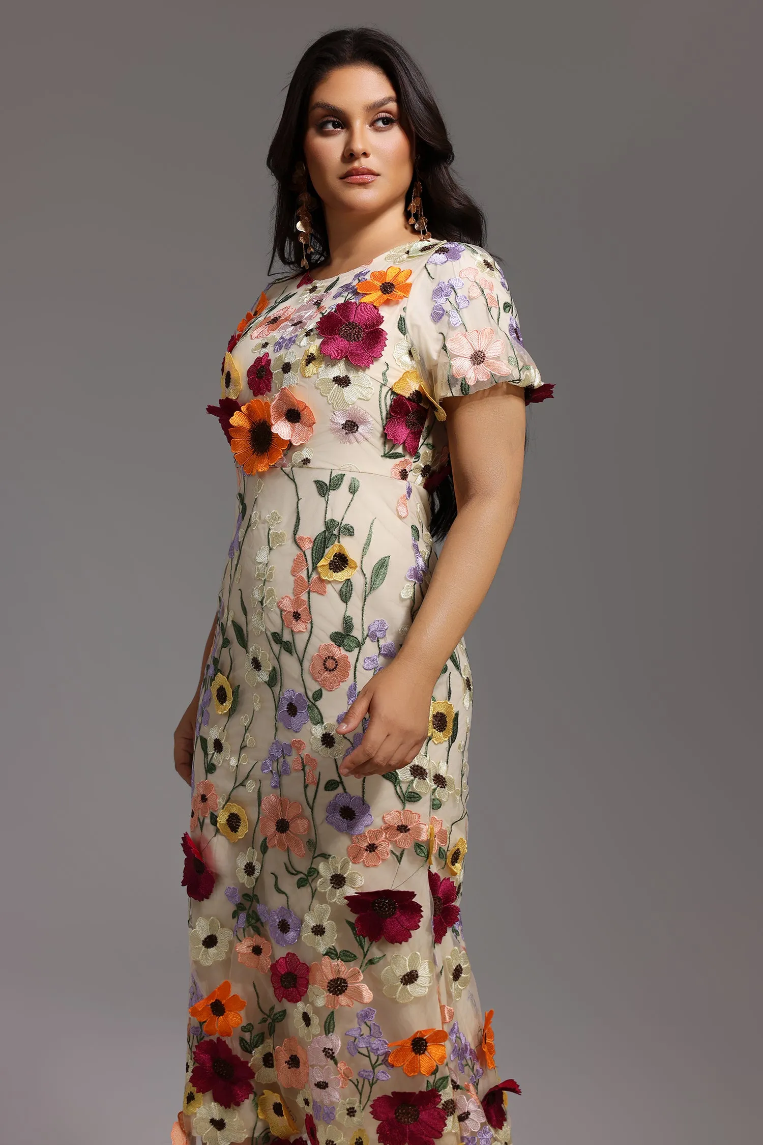 Naya Short Sleeve Round Neck Flowers Fishtail Midi Dress by Bella Barnett sold by Goddiva product image thumbnail 4