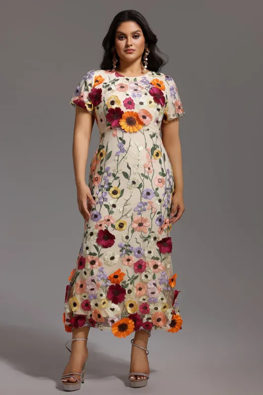 Naya Short Sleeve Round Neck Flowers Fishtail Midi Dress by Bella Barnett sold by Goddiva