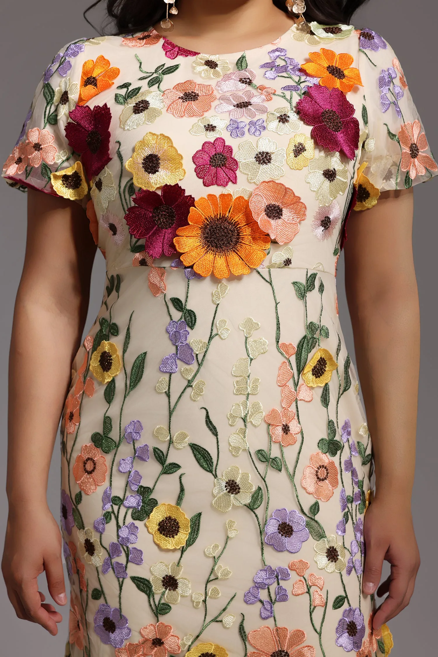 Naya Short Sleeve Round Neck Flowers Fishtail Midi Dress by Bella Barnett sold by Goddiva product image thumbnail 5