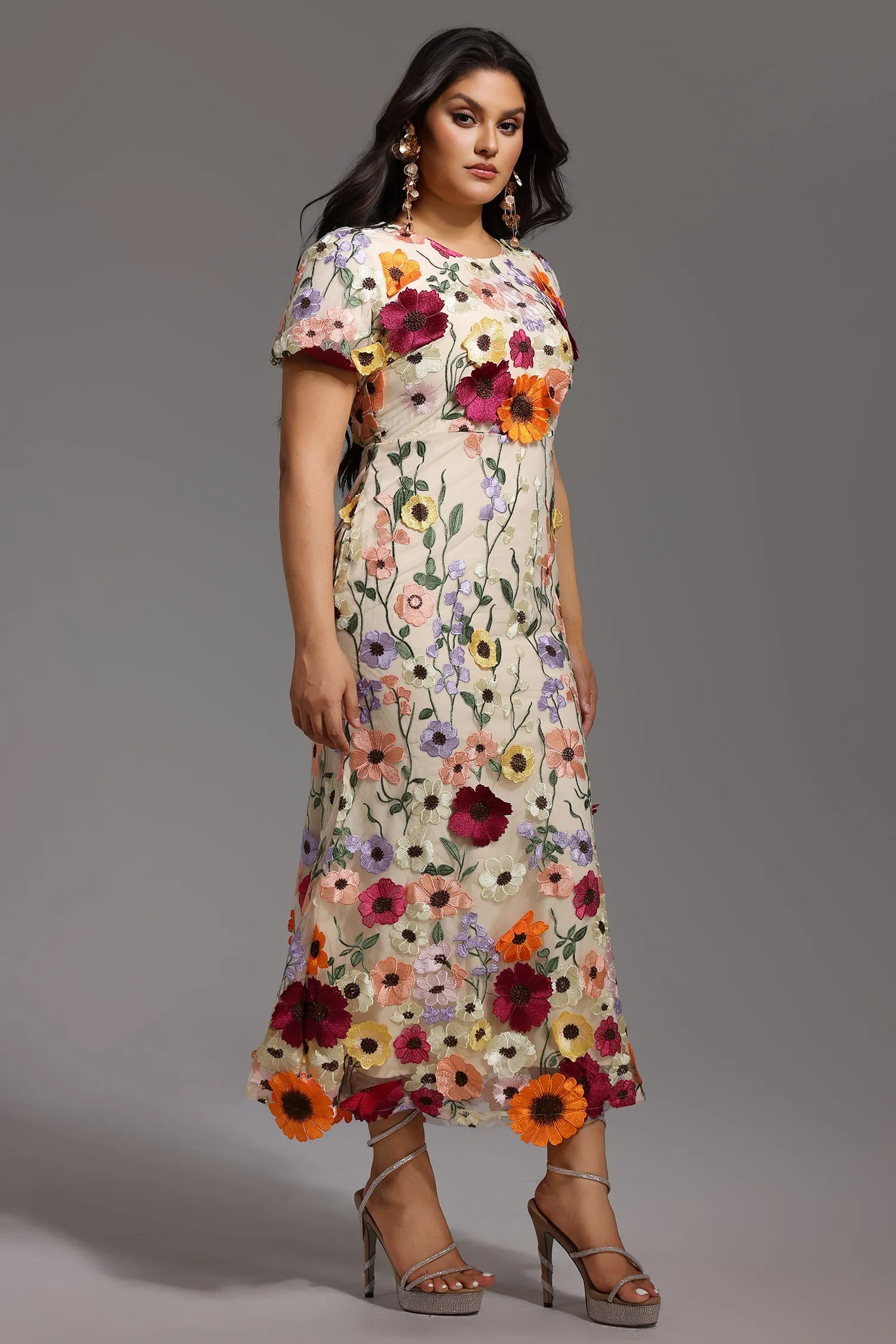 Naya Short Sleeve Round Neck Flowers Fishtail Midi Dress by Bella Barnett sold by Goddiva product image thumbnail 2