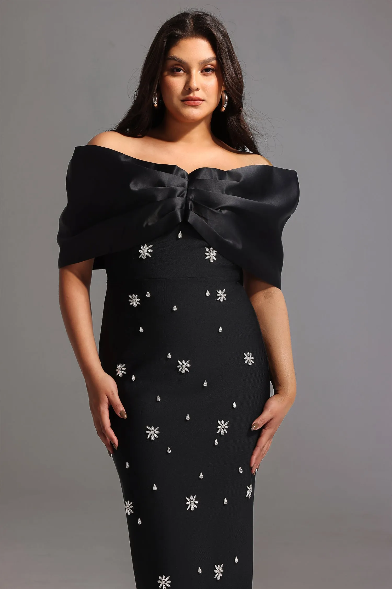 Soloma Off-the-Shoulder Diamond Maxi Dress by Bella Barnett sold by Goddiva product image thumbnail 4