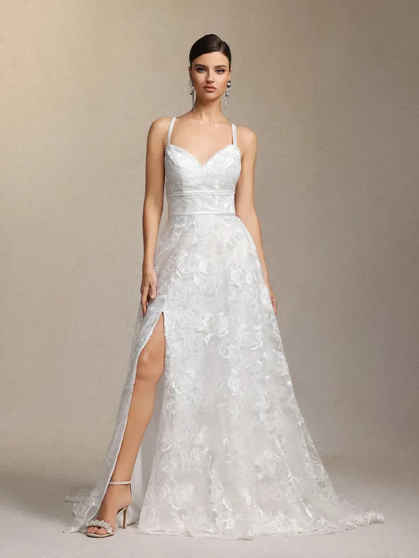 Ralaya Deep V-neck Lace Halter Maxi Wedding Dress by Skye&Iris sold by Goddiva