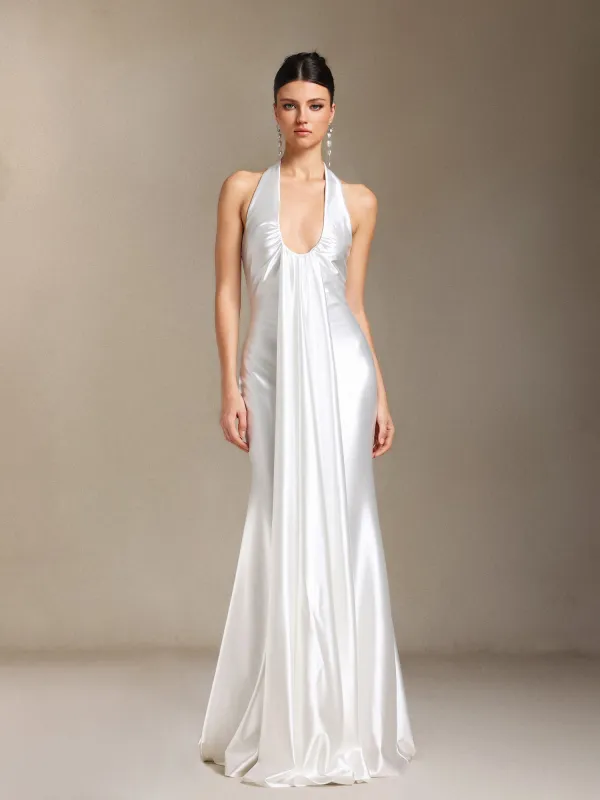 Loretta Hanging Neck Fold Backless Maxi Formal Dress by Skye&Iris sold by Goddiva