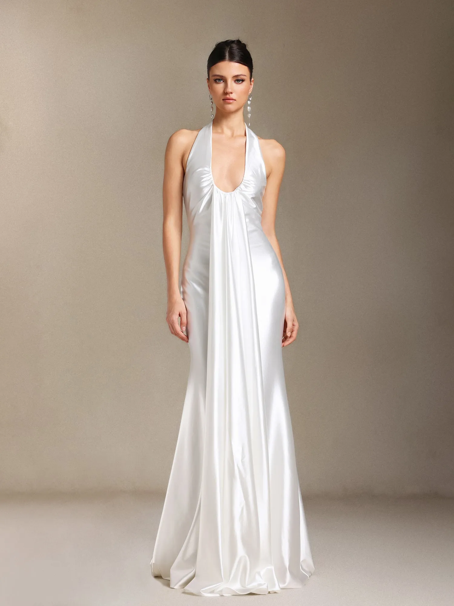 Loretta Hanging Neck Fold Backless Maxi Formal Dress by Skye&Iris sold by Goddiva