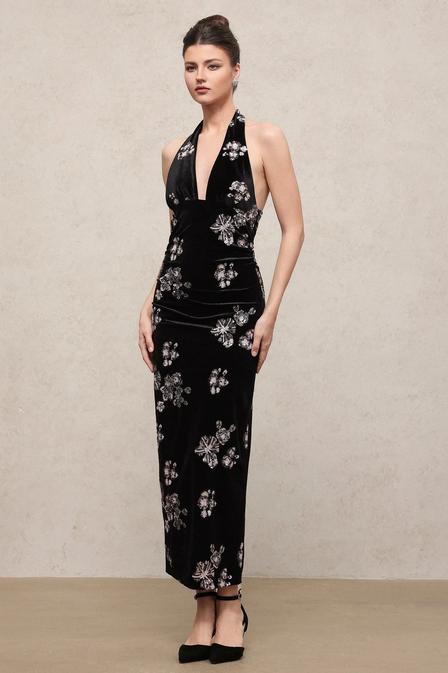 Velma Vintage Romantic V Neck Sleeveless Sequin Embroidered Velvet Maxi Dress by Skye&Iris sold by Goddiva product image thumbnail 2