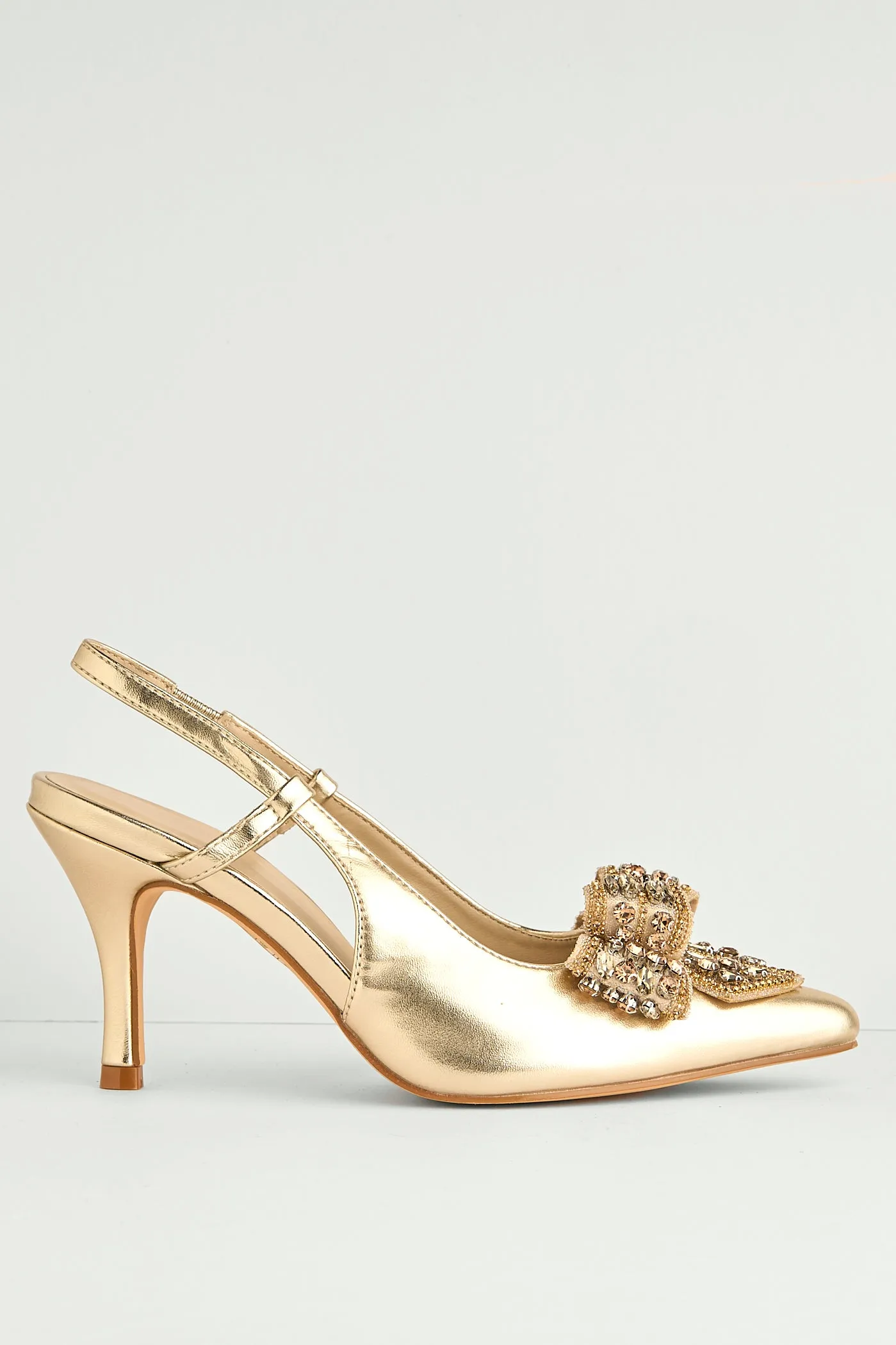 Celia Diamante Bow Pointed Toe Slingback Court Shoes In Gold by Miss Diva sold by Goddiva product image thumbnail 4