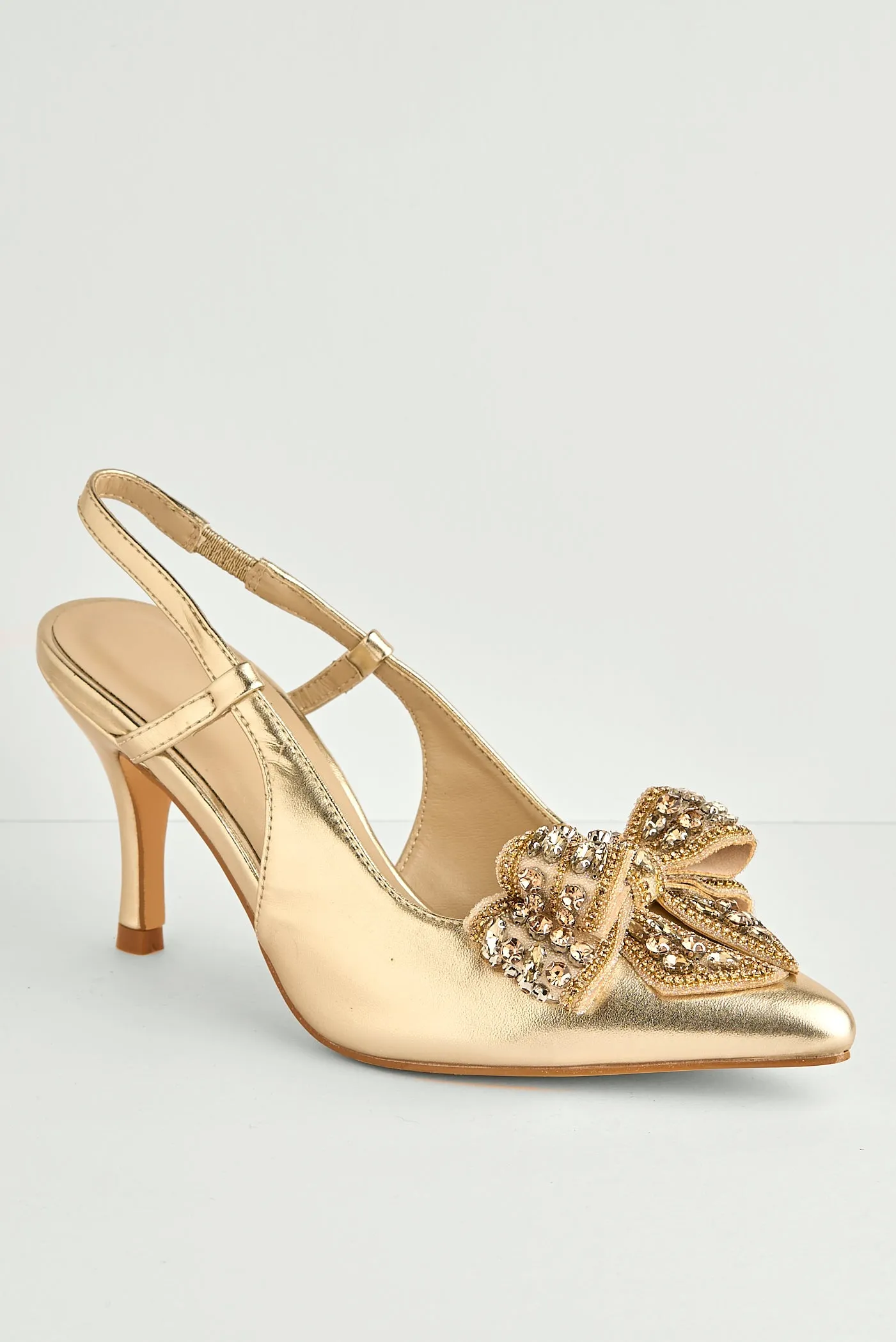 Celia Diamante Bow Pointed Toe Slingback Court Shoes In Gold by Miss Diva sold by Goddiva product image thumbnail 5