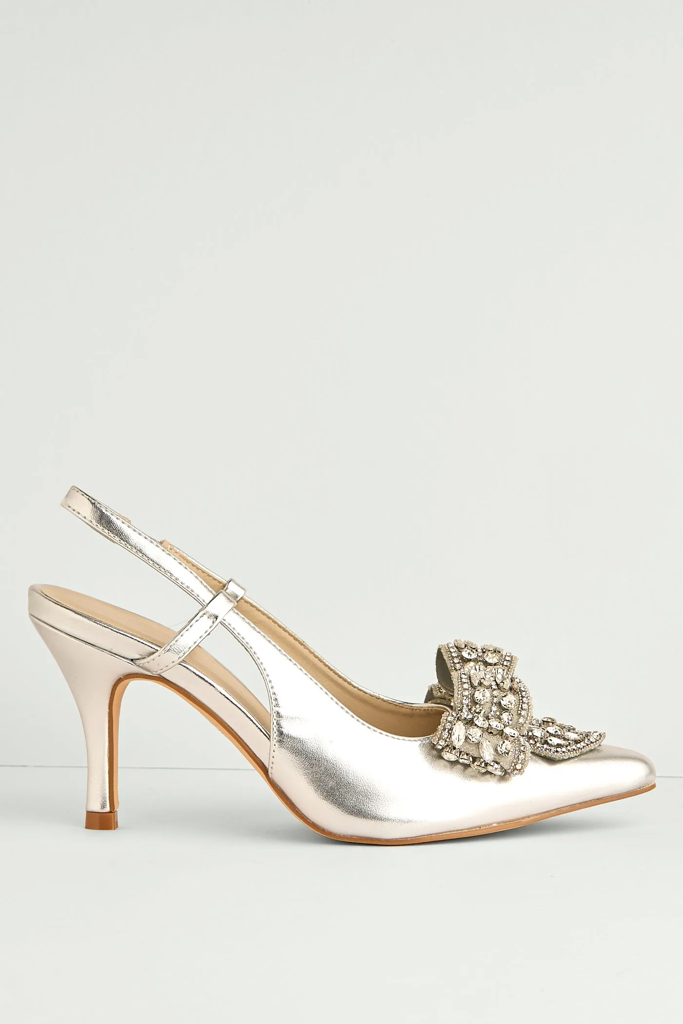 Celia Diamante Bow Pointed Toe Slingback Court Shoes In Silver by Miss Diva sold by Goddiva product image thumbnail 4