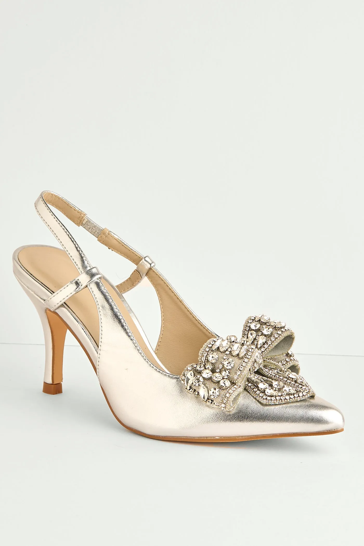 Celia Diamante Bow Pointed Toe Slingback Court Shoes In Silver by Miss Diva sold by Goddiva product image thumbnail 5