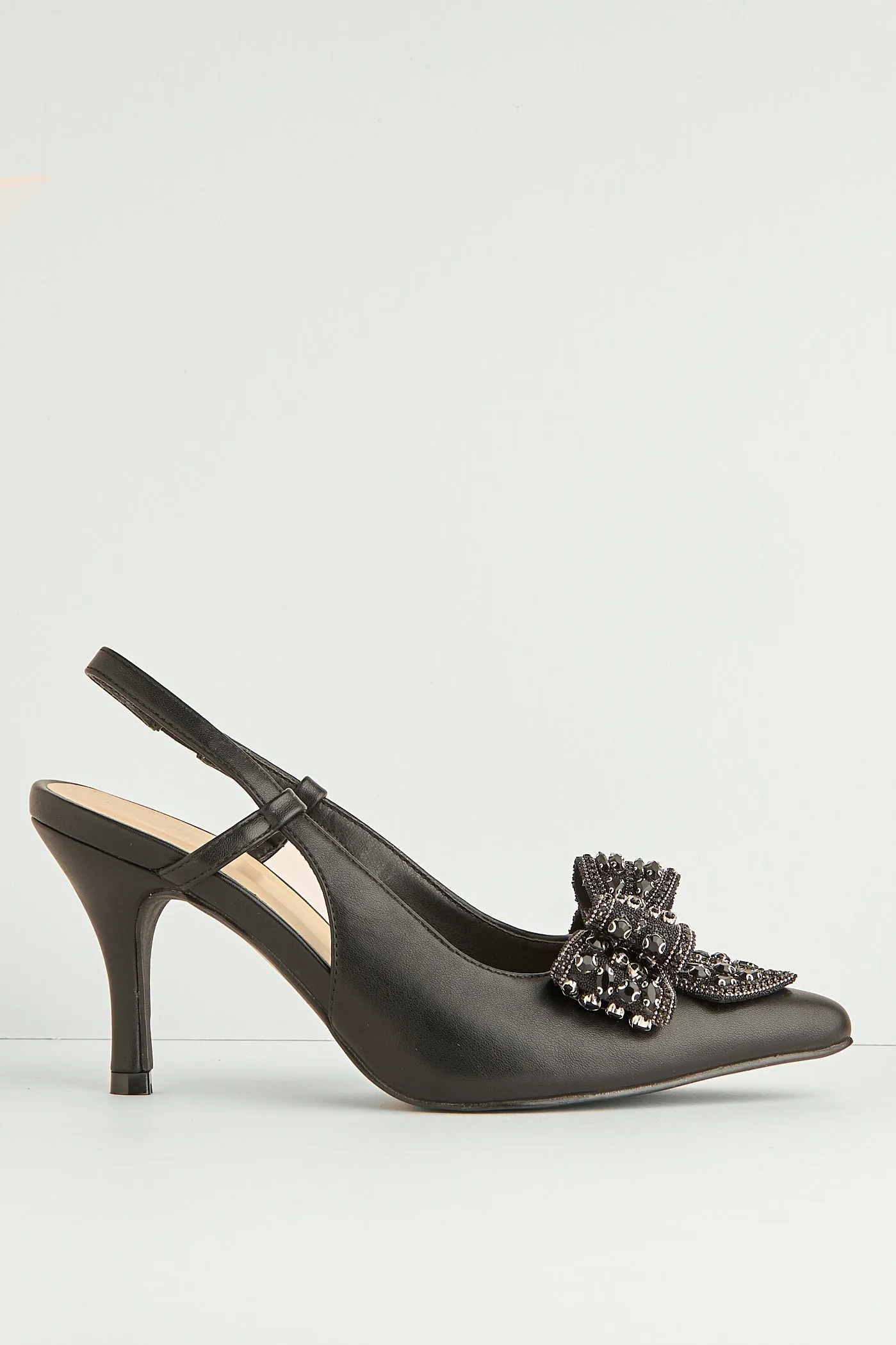 Celia Diamante Bow Pointed Toe Slingback Court Shoes In Black by Miss Diva sold by Goddiva product image thumbnail 4