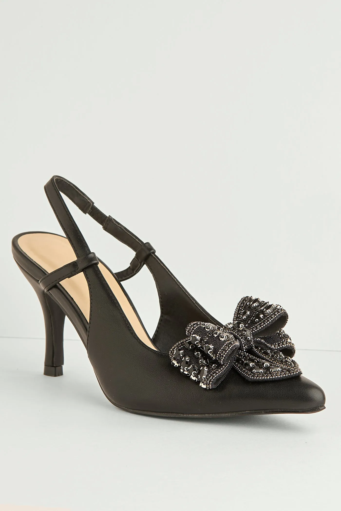 Celia Diamante Bow Pointed Toe Slingback Court Shoes In Black by Miss Diva sold by Goddiva product image thumbnail 5