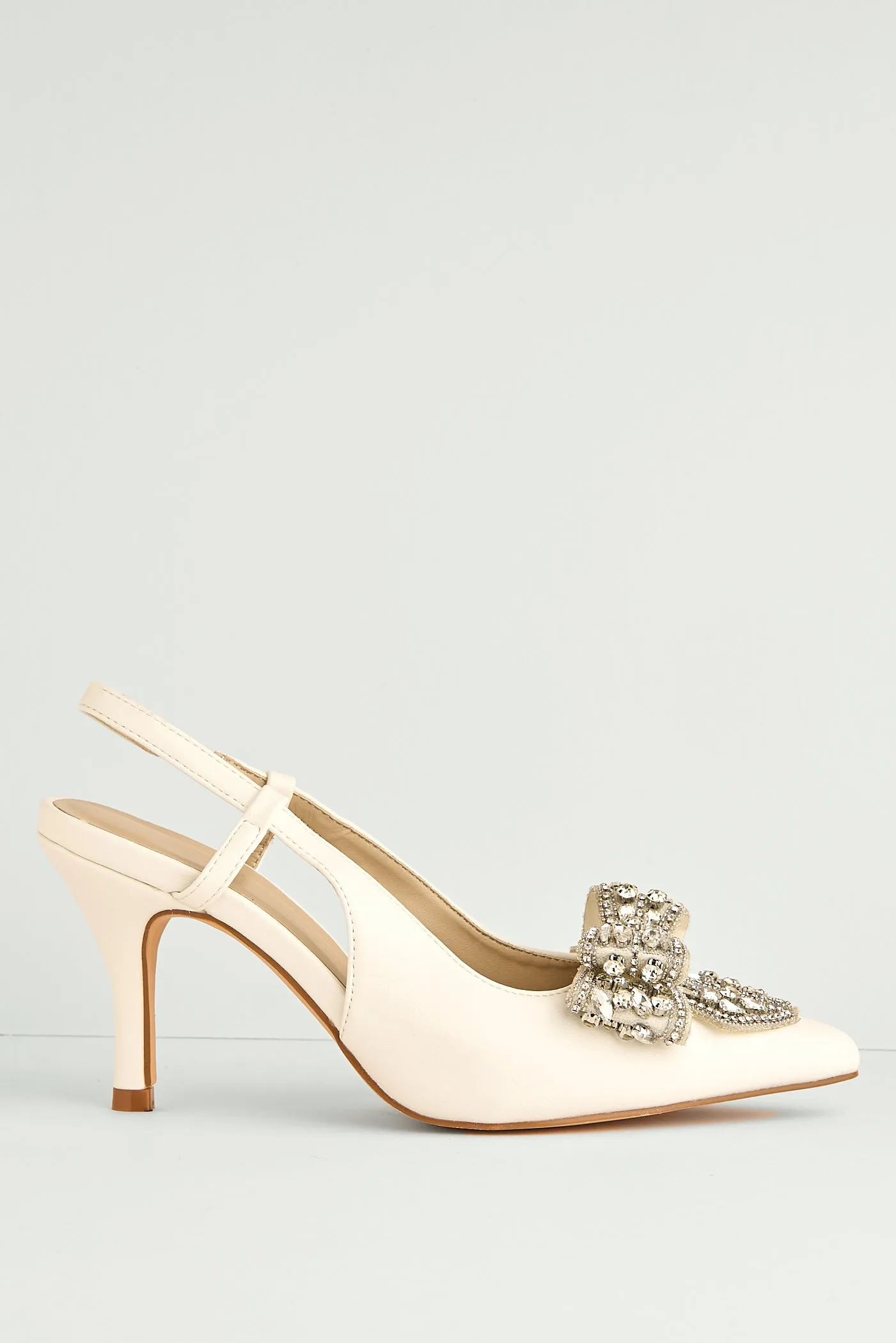 Celia Diamante Bow Pointed Toe Slingback Court Shoes In White by Miss Diva sold by Goddiva product image thumbnail 4