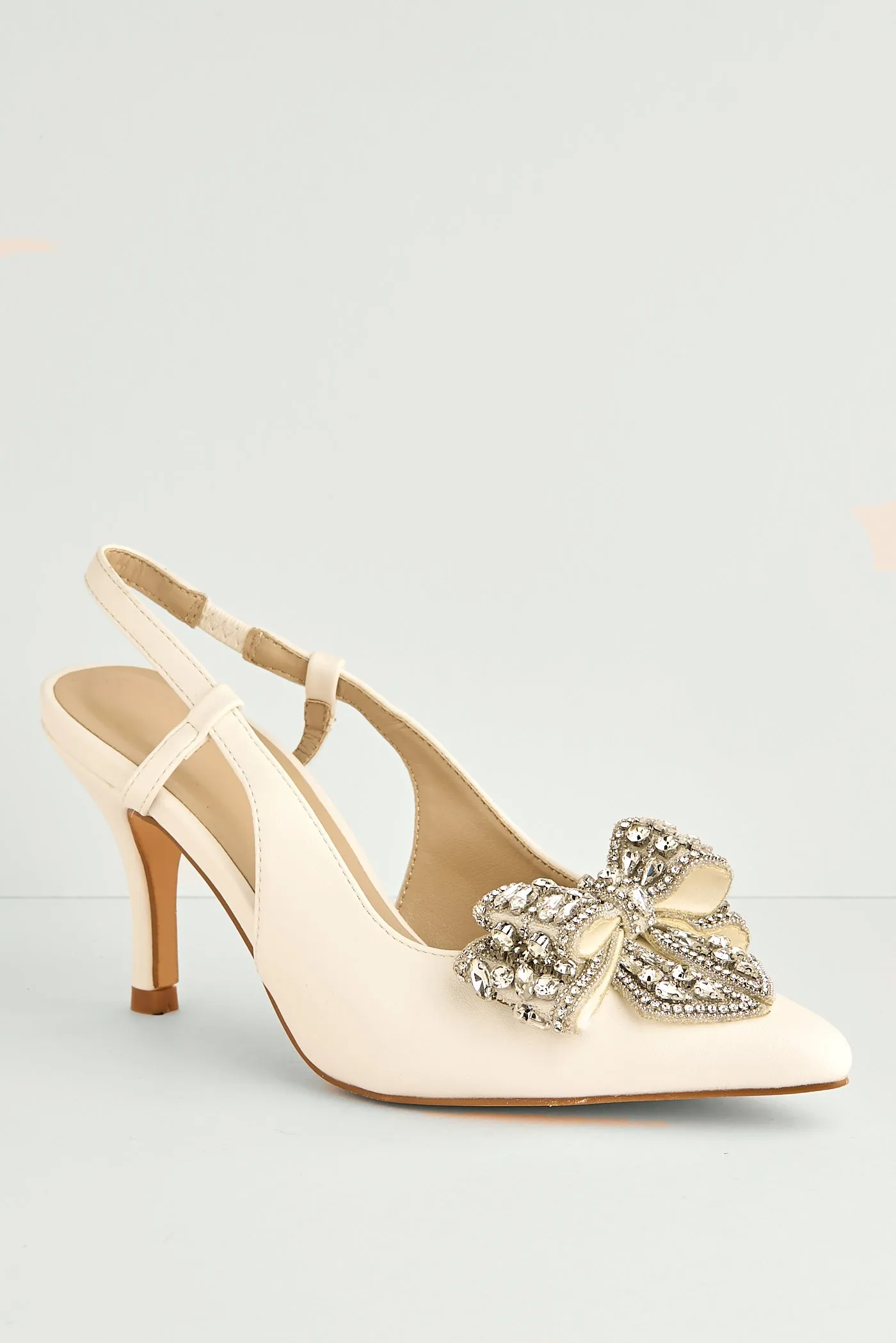 Celia Diamante Bow Pointed Toe Slingback Court Shoes In White by Miss Diva sold by Goddiva product image thumbnail 5