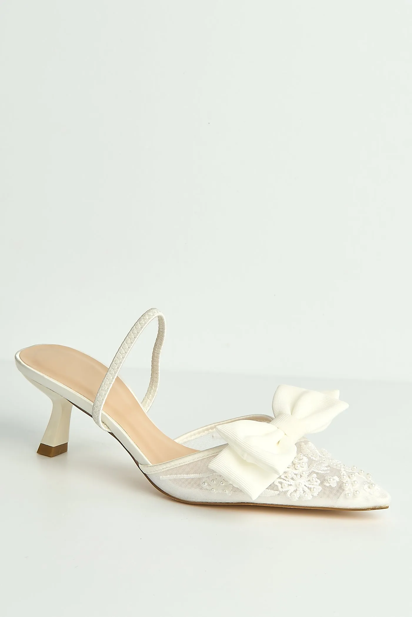 Seren Embellished Mesh And Bow Slingback Court Shoes In Ivory by Miss Diva sold by Goddiva product image thumbnail 4