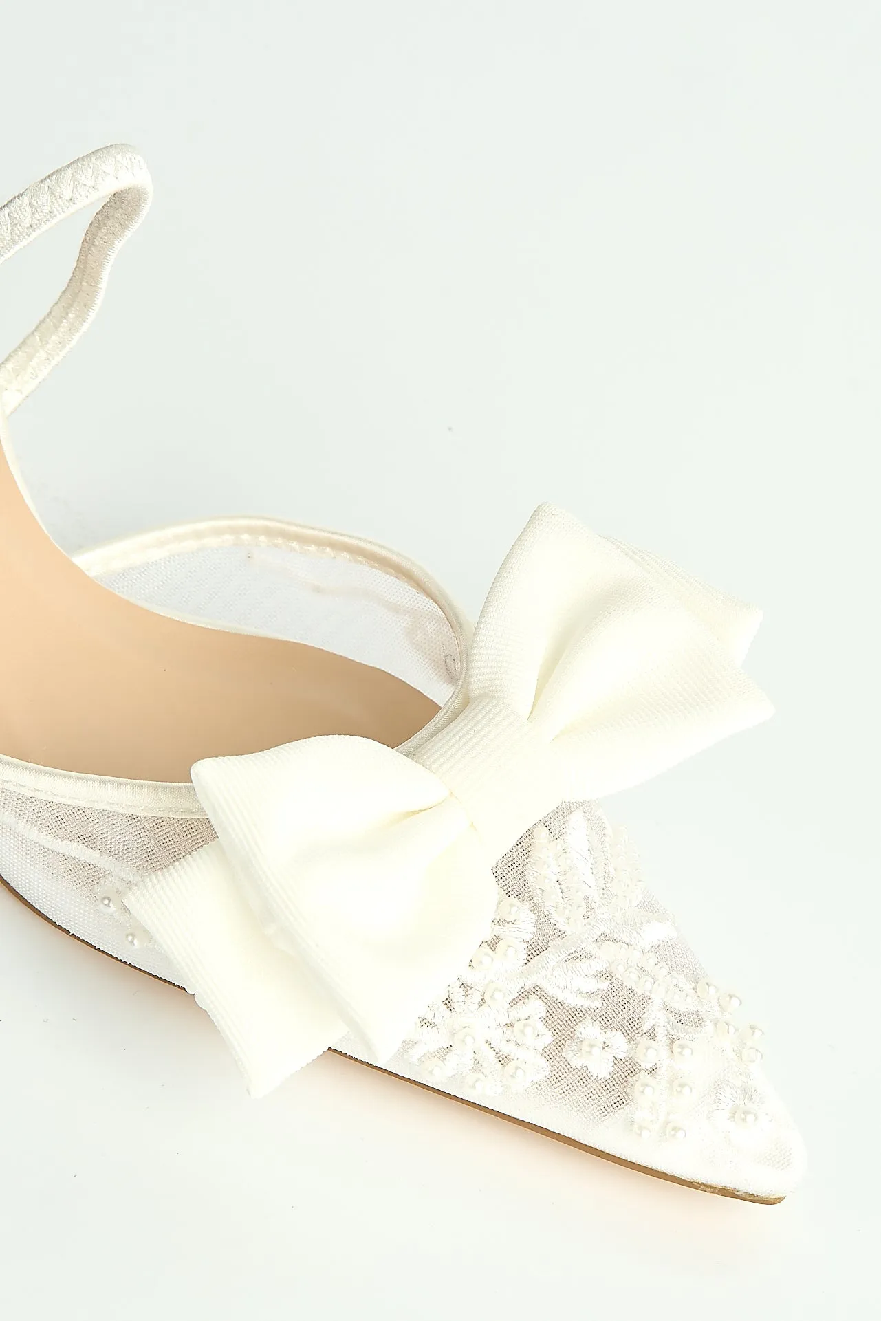 Seren Embellished Mesh And Bow Slingback Court Shoes In Ivory by Miss Diva sold by Goddiva product image thumbnail 5